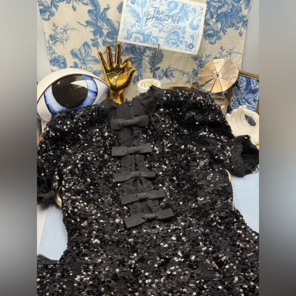 🆕 REBECCA VALLANCE 🧿 NWOT x Nicky Hilton Diana Black Bow Sequin Mini, Sz US 4 - Picture 13 of 16